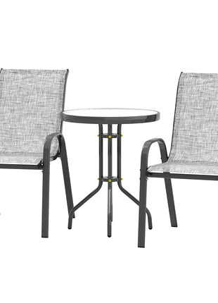 3 Pieces Bistro Set, Small Patio Furniture Set with Stackable Chairs and Glass Table for Backyard, Balcony, Gray