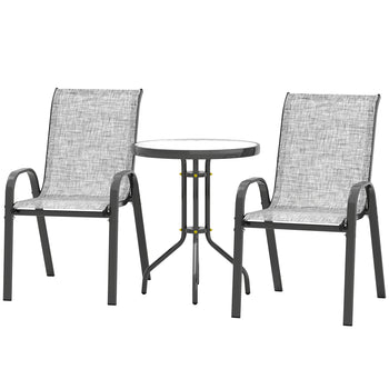 3 Pieces Bistro Set, Small Patio Furniture Set with Stackable Chairs and Glass Table for Backyard, Balcony, Gray
