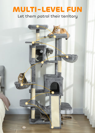 69" Cat Tree, Multi-Level Cat Tower with 2 Condos and 3 Hammocks, 8 Scratching Posts, for Multiple Cats, Dark Gray