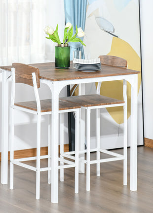 3 Piece Industrial Counter Height Dining Table Set, Bar Table & Chairs with Steel Legs & Footrests, White