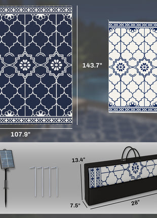 Reversible Outdoor Rug Carpet with LED Lights, 12' x 9' PP Straw Rug with Carry Bag and Ground Stakes