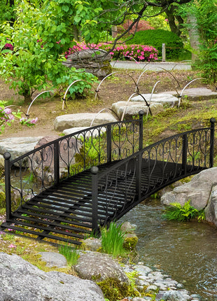 7' Metal Arch Garden Bridge Arc Footbridge with Side Railings Decorative Scrollwork, Black