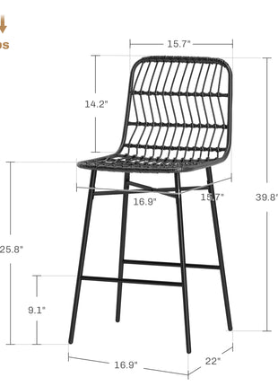 Rattan Counter Bar Stools Set of 2, 26" Counter Height Barstools with Back, Bar Chairs for Kitchen Island, Black