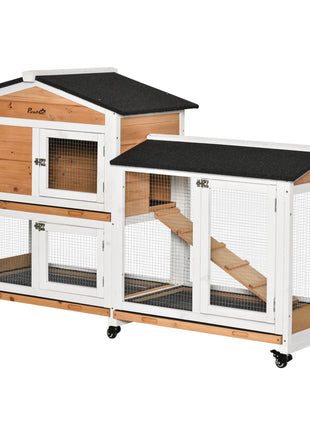 62" Wooden Mobile Rabbit Hutch with Wheels, Run Box, Slide-out Tray, Ramp, Yellow