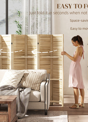 6 Panel 67" Tall Wood Privacy Screen Room Divider with 3 Shelves and Folding Storage for Bedroom, Natural Wood