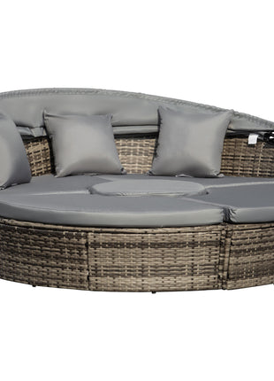 4-Piece Round Convertible Daybed with Cushions, Outdoor PE Rattan Patio Wicker Sofa Set, Sunbed with Adjustable Sun Canopy, Sectional Sofa, 2 Chairs, Table, 3 Pillows, Gray