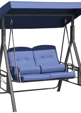 2-Person Patio Swing Bench with Adjustable Shade Canopy, Soft Cushions, Throw Pillows and Tray, Dark Blue