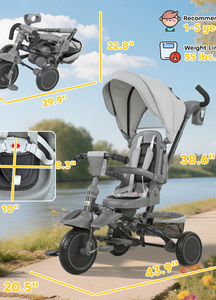 6 in 1 Kids Tricycle with Adjustable Push Handle, Removable Canopy, Reversible Seat, for 1-5 Years, Gray