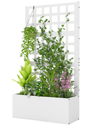 Galvanized Raised Garden Bed Planter Box with Trellis for Climbing Plants, Vegetable, Vines, 24" x 9" x 44.5", White