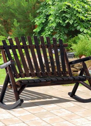 Wooden Porch Rocking Chair, Wood Double Adirondack, Rocker for Indoor or Outdoor with High Rise Slatted Back, Carbonized