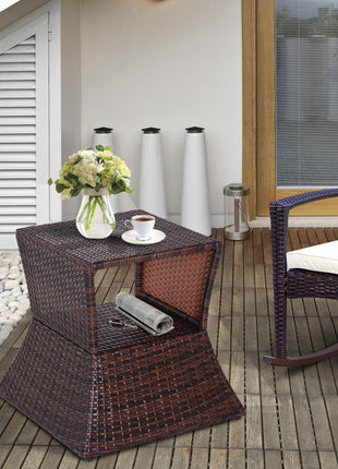 Outdoor Side Table with Umbrella Hole, 2 Tier Rattan Wicker End Table with Storage Shelf, All Weather