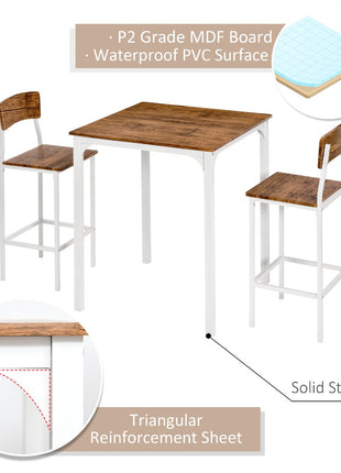 3 Piece Industrial Counter Height Dining Table Set, Bar Table & Chairs with Steel Legs & Footrests, White