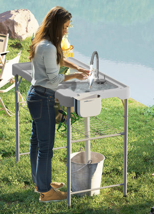 Folding Fish Cleaning Table with Sinks, Portable Camping Sink Table with Faucet, Drainage Hose, Sprayer, Shelf, Drawer and Storage Basket, Outdoor Fillet Table for Picnic Beach Patio, Gray