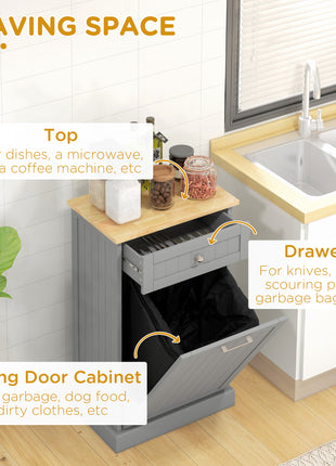 10 Gallon Tilt Out Trash Cabinet, Wooden Hidden Trash Can with Storage Drawer for Kitchen, Laundry Hamper Cabinet for Bathroom, Gray
