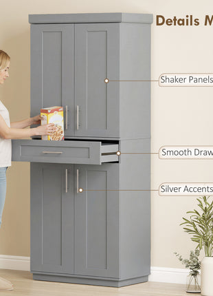 Modern Kitchen Pantry Freestanding Cabinet Cupboard with Doors and Drawer, Adjustable Shelving, Gray