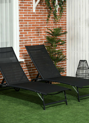 Chaise Lounge Outdoor, 2 Piece Lounge Chair with Wheels, Tanning Chair with 5 Adjustable Positions for Patio, Beach, Yard, Pool, Black