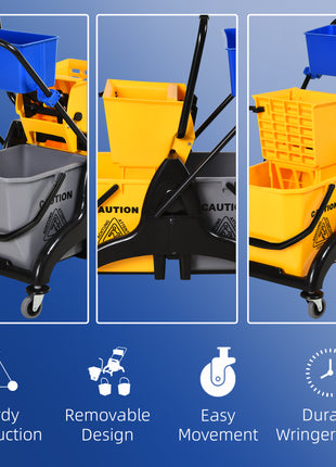 2 x 6.9 Gallon Mop Water Bucket Wringer Cart with Easy to Use Side Press Wringer, Smooth Wheels, Mop-Handle Holder