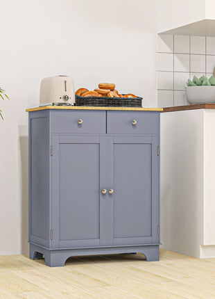 Kitchen Storage Cabinet, Sideboard Floor Cupboard with Solid Wood Top, Adjustable Shelf, and 2 Drawers, Gray
