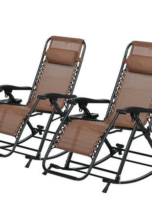 2 Outdoor Rocking Chairs Foldable Reclining Zero Gravity Lounge Rockers w/ Pillow Cup & Phone Holder, Brown