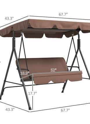 Large Family Swing Set, 3-Seat Adjustable Canopy Swing Bench with Cushion, Steel Frame Stand for Patio, Garden, Family Use, Brown
