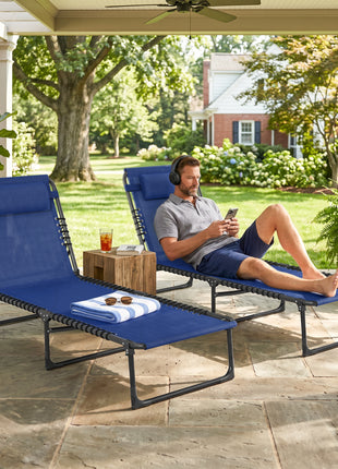 2 Folding Chaise Lounge Pool Chairs with 4-Position Reclining Back, Pillow, Breathable Mesh & Bungee Seat, Blue