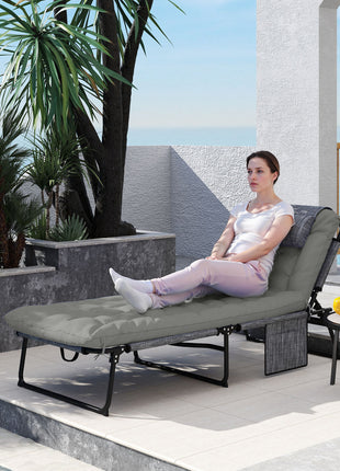 Folding Chaise Lounge Pool Chair with 4-level Reclining Back, Cushion, Side Pocket, Headrest, Gray