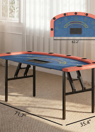 Poker Table Foldable, 72" Portable  Blackjack Table for 8 Players with Felt Surface, Cup Holders, Blue