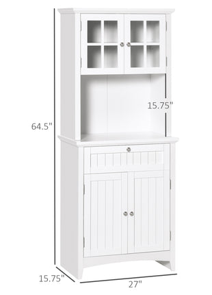 Kitchen Buffet Hutch Cabinet, Freestanding Kitchen Pantry Storage Cabinet Cupboard with Framed Glass Door, Drawer and Microwave Space, White