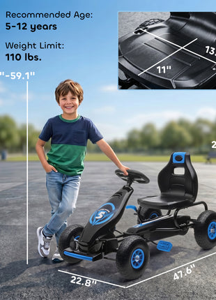 Kids Pedal Go Kart Ride-on Toy with Ergonomic Comfort, Pedal Car with Tough, Wear-Resistant Tread, Go Cart Kids Car for Boys & Girls with Suspension System, Safety Hand Brake, Ages 5-12, Blue