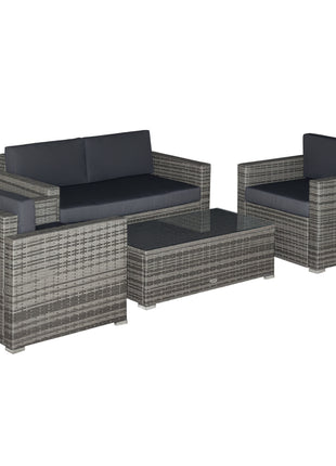4 Piece Wicker Patio Furniture Set with Cushions, Outdoor Sectional Furniture with 2 Sofa, Loveseat, and Glass Top Coffee Table, Conversation Sofa Sets for Garden, Black