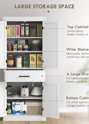 72" Tall Kitchen Cabinet, Kitchen Pantry Cabinet with Barn Doors, Drawer, 5-Tier Shelf and Adjustable Shelves, White