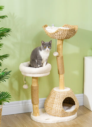 41" Cat Tree for Indoor Cats with Wooden Cat Scratching Posts, Cat Condo, Cat Beds & Toy Balls, Cream White