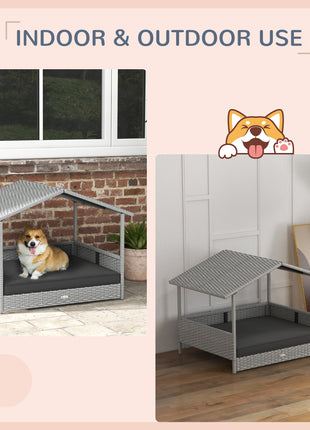 Wicker Dog House Outdoor with Canopy, Rattan Dog Bed with Water-resistant Cushion, Raised Pet Bed for Small, Medium Breeds up to 66 lbs, 20" in Length, Silver Wicker, Gray Cushion