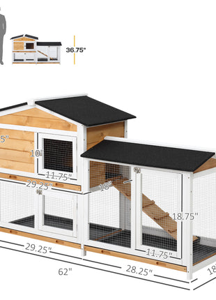 62" Rabbit Hutch, Wooden Bunny Hutch, Guinea Pig Cage, Small Animal Enclosure with Run Area, Removable Tray