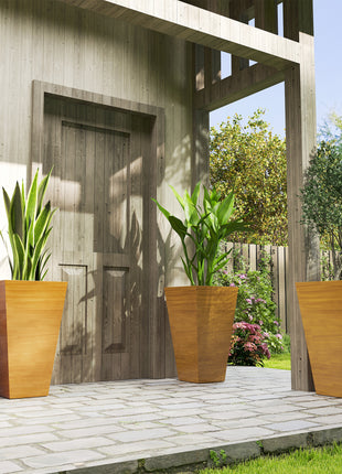 Set of 3 Tall Planters, 28" Outdoor Planter w/ Drainage Holes, Faux Wood Plastic Flower Pots, Light Brown