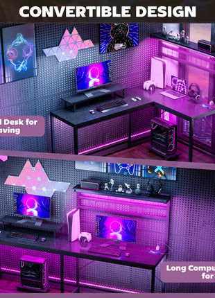 61.6" L Shaped Gaming Desk with Power Outlets & LED Lights, Computer Desk with Monitor Stand and CPU Shelf, Black