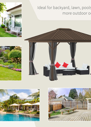 10' x 12' Hardtop Gazebo with Curtains and Netting, Permanent Pavilion Metal Single Roof Gazebo Canopy with Aluminum Frame and Hooks, for Garden, Patio, Backyard, Gray