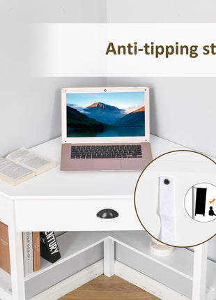 Corner Desk, Triangle Computer Desk with Drawer and Storage Shelves for Small Spaces, Home Office Workstation for Living Room, or Bedroom, White
