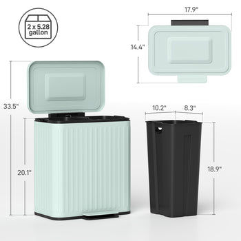 Trash Can with Lid, 2 x 5.3Gal Double Step-On Kitchen Trash Can with Rubbish Bags, Removable Buckets, Light Green