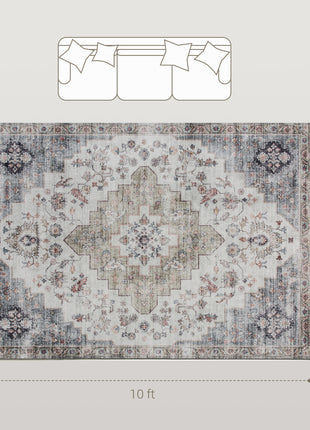 8x10 Area Rug, Vintage Machine Washable Rug, Non-Slip Carpet for Living Room, Bedroom, Dining Room, Brown and Green