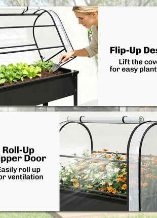 Raised Garden Bed with Flip-Up Greenhouse Cover, Metal Elevated Garden Bed with Legs and Drainage Hole, Black
