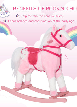 Kids Plush Toy Rocking Horse Pony Toddler Ride on Animal Rocker with Realistic Sounds, Birthday Gifts for Girls, Pink