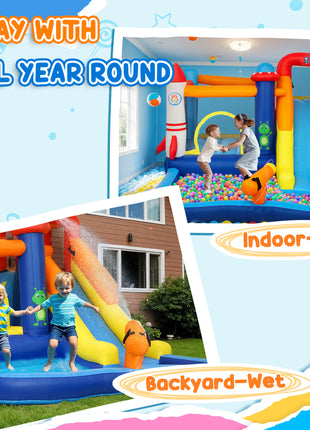 5 in 1 Inflatable Bounce House, Water Slide with 550W Blower, Splash Pool, Trampoline, Climbing Wall, Cannon