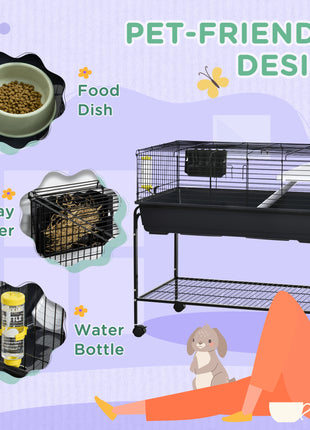Two-Story Small Animal Cage Removable from Stand, Guinea Pig Cage with Shelf & Wheels, Pet Habitat for Hedgehog, Chinchilla, Ferret, 39" x 20.5" x 36.5", Black