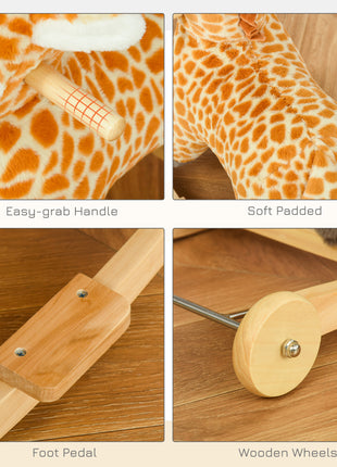 Rocking Horse, 2 in 1 Kids Ride on Horse, Rolling Giraffe Animal Rocker with Sound, Wooden Base, Pedal, Grip Handle, Plush Riding Pony for 3-6 Years Old, Yellow