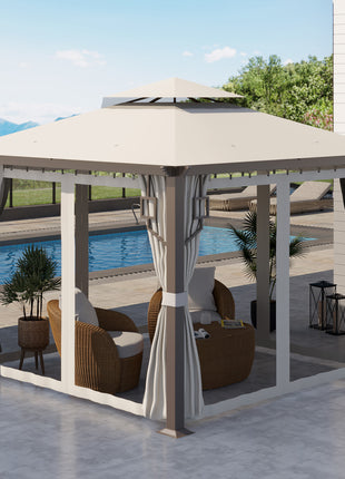 10' x 10' Patio Gazebo, Double Roof Outdoor Gazebo with Privacy Curtains, Mesh Netting, Aluminum Frame Outdoor Canopy Shelter, Cream White