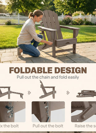 Folding Adirondack Chair Set of 2, HDPE Fire Pit Chair with Retractable Ottoman and Cup Holder, Brown
