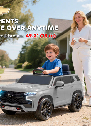 Licensed Chevrolet Tahoe Ride On Car, 12V 7AH Battery Power Ride On Toy with Parent Remote Control, LED Lights, Music, 4 Wheeler Suspension, 3 Speeds, Kids Electric Vehicle for Aged 3+, Gray
