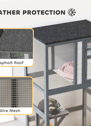 74" Wooden Outdoor Cat House Catio with High Weight Capacity, Cat Cage Condo, Dark Gray
