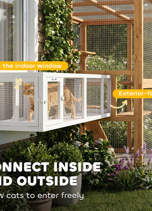 Wooden Cat Run with Weather Protection, Connecting Inside and Outside, 79"L x 15"W x 15"H, White